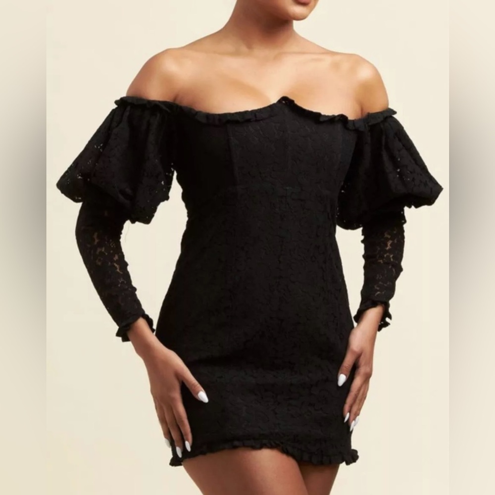 Black Lace Polka Dot Puff Sleeve Mini Dress